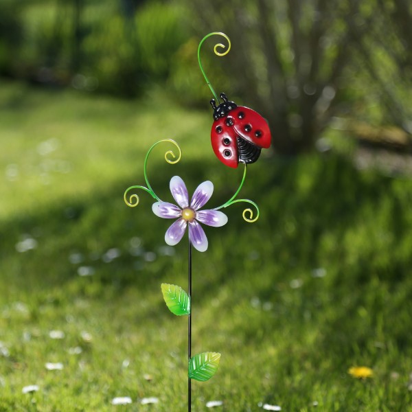 Gartenstecker Blume und Marienkäfer - Beetstecker - Metall - H: 62cm - für Außen - rot/lila/grün