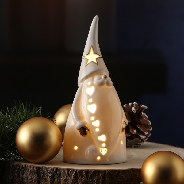 LED Weihnachtsmann - Dekofigur - Porzellan - goldene Applikationen - H: 18cm - Batterie - weiß