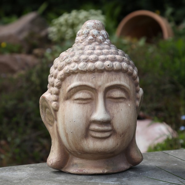 Buddhakopf Mann - Dekofigur - Magnesia - H: 27cm - für Außen - kupferfarben