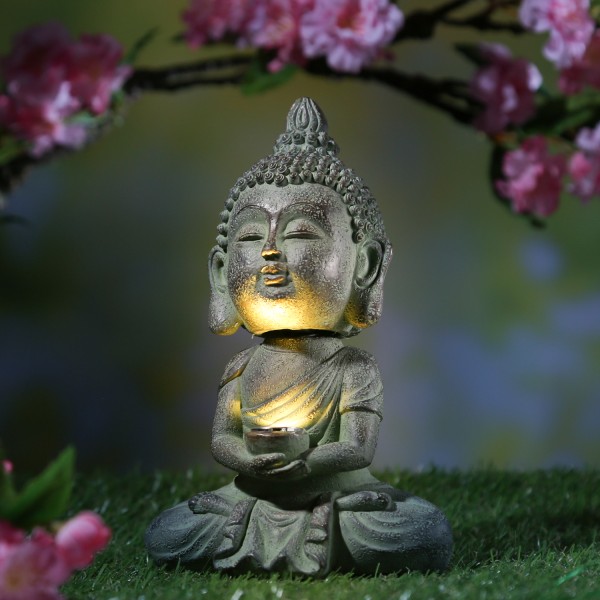 LED Solar Buddha mit Wackelkopf - Gartenfigur - Polyresin - H: 19cm - Dämmerungssensor - hellgrau