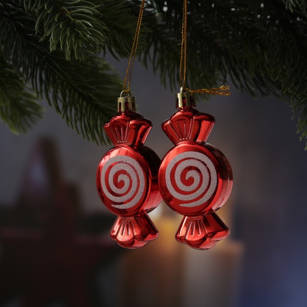 Weihnachtsbaumschmuck Bonbon - bruchfest - inkl. Aufhänger - H: 8cm - rot, weiß - 2er Set