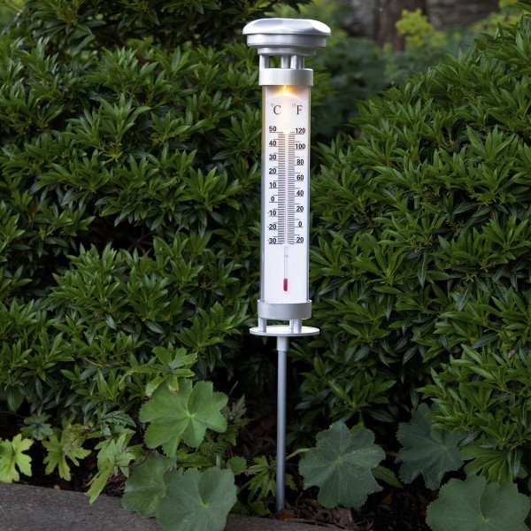 LED Solar Thermometer CELSIUS - warmweiße LED - H: 57,5cm - D: 9cm - Dämmerungssensor - silber