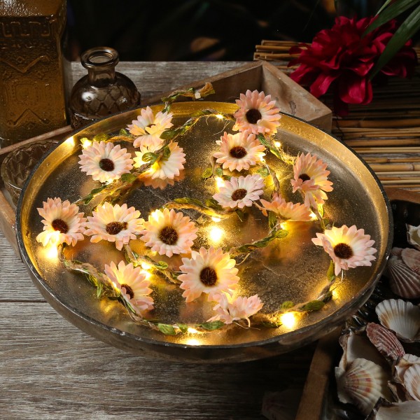 LED Lichterkette Blumen - 20 warmweiße LED - Batterie - Timer - L: 1,45m - für Außen - rosa