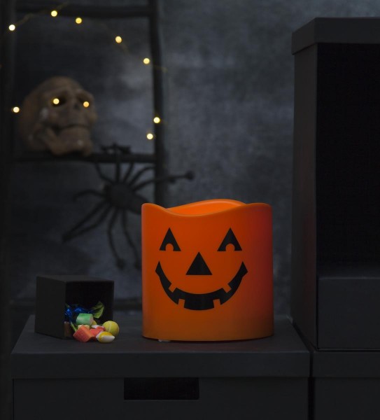 LED Kerzen "Halloween" - gelbe LED - D: 15cm H: 15cm - Batteriebetrieb - orange