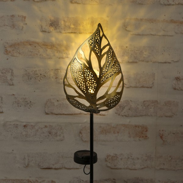 LED Solar Gartenstecker Blatt - warmweiße LED - H: 80cm - Lichtsensor - gold