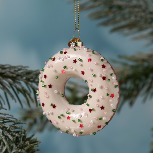Weihnachtsbaumschmuck DONUT - Glas - inkl. Aufhänger - glänzend mit Verzierung - H: 8,5cm - weiß