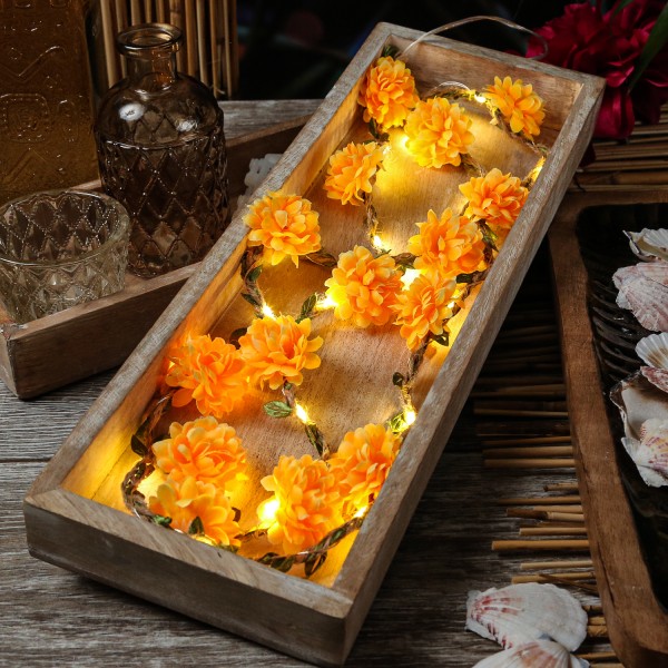 LED Lichterkette Blumen - 20 warmweiße LED - Batterie - Timer - L: 1,45m - für Außen - orange