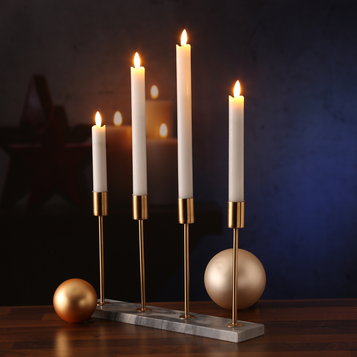 Stabkerzenhalter - Kerzenständer - Marmoroptik - 4 goldfarbene  Kerzenhalterungen - H: 20cm - grau | Lichterketten Experte