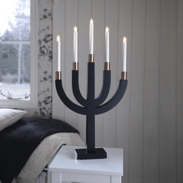Kerzenleuchter "Elias" - 5 Arme - warmweiße Glühlampen - H: 67cm, L: 35cm - Schalter - Schwarz/Kupfe