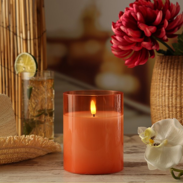 LED Kerze im Glas - Windlicht - Echtwachs - flackernde 3D Flamme - Timer - H: 12,5cm - orange