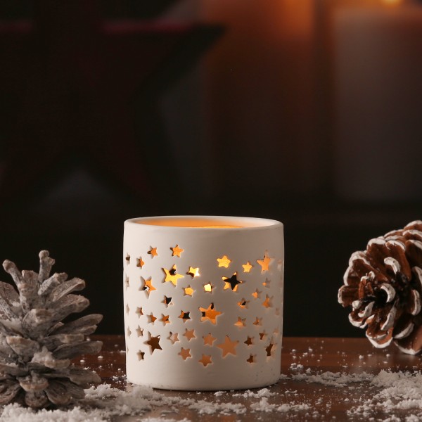 Teelichthalter STERNE - Windlicht - Porzellan - H: 7cm, D: 7cm - weiß/gold