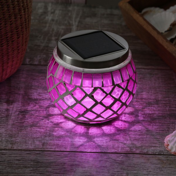 LED Solar Windlicht - Mosaik Solarglas - kaltweiße LED - Lichtsensor - H: 9cm - für Außen - pink